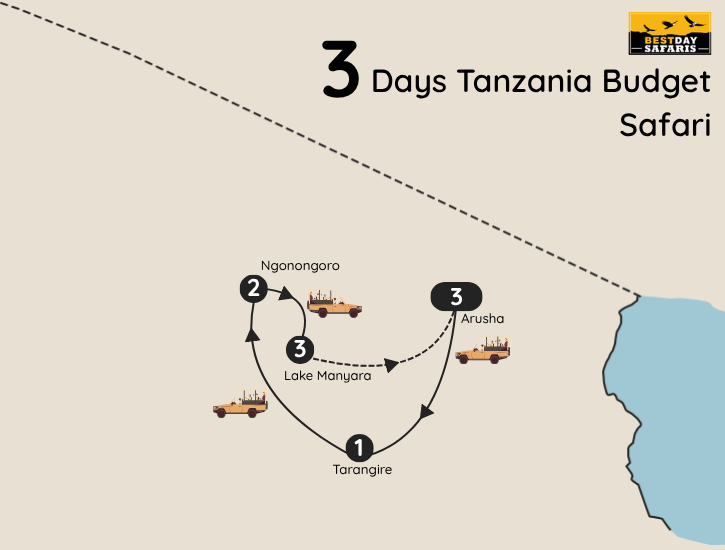 3 Days Tanzania Budget Safari Map
